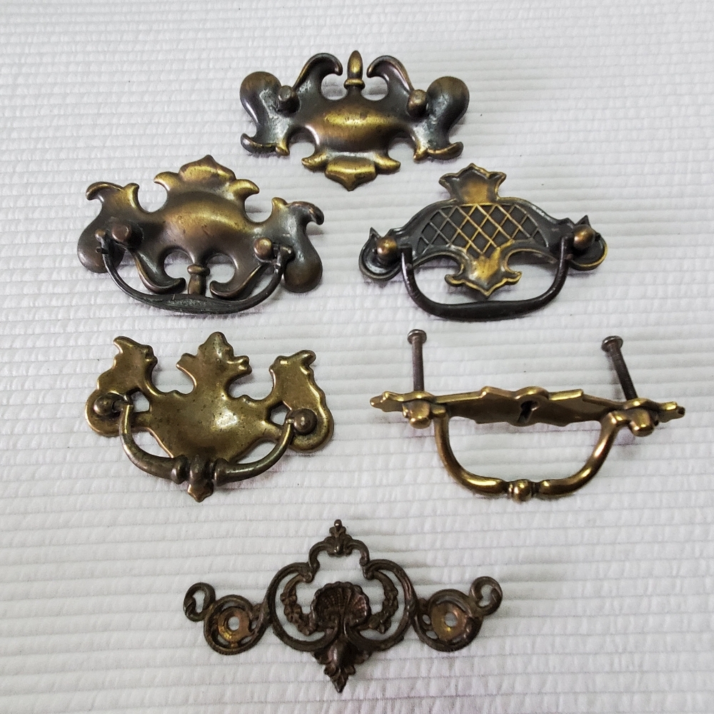 6 Brass Bat Drop Bail Drawer Pull Vintage Unmatching Hollywood Regency 3.5"-4"